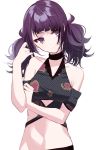  1girl bangs bare_shoulders black_choker breasts choker closed_mouth crop_top diagonal_bangs eyebrows_visible_through_hair groin head_tilt highres idolmaster idolmaster_shiny_colors long_hair looking_away looking_to_the_side medium_breasts misumi_(macaroni) navel purple_hair simple_background solo tanaka_mamimi twintails upper_body violet_eyes white_background 