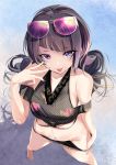  1girl :p bangs bare_shoulders bikini bikini_pull diagonal_bangs eyewear_on_head halterneck highres idolmaster idolmaster_shiny_colors looking_at_viewer navel purple_hair schreibe_shura solo sunglasses swimsuit tanaka_mamimi tongue tongue_out violet_eyes 