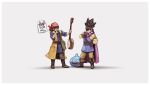  1other 2boys absurdres banjo belt black_hair blob brown_hair brown_pants cape chin_stroking circlet dragon_quest dragon_quest_iii dragon_quest_viii grey_background hero_(dq8) highres human instrument male_focus multiple_boys nin_nakajima pants purple_cape roto simple_background sleeves_folded_up slime_(dragon_quest) spiky_hair square_enix super_smash_bros. toei_animation tunic 
