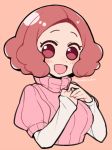  1girl :d atlus blush brown_eyes brown_hair commentary_request cute do_m_kaeru hands_together megami_tensei moe okumura_haru open_mouth persona persona_5 pink_sweater ribbed_sweater short_hair smile solo sweater twitter_username upper_body 