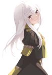  1girl bangs blush closed_mouth epaulettes fire_emblem fire_emblem:_three_houses jacket long_hair long_sleeves looking_at_viewer lysithea_von_cordelia pink_eyes simple_background skeptycally smile solo uniform upper_body violet_eyes white_background white_hair 