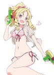  1girl :d bikini blonde_hair bow breasts commentary_request drill_hair eromanga_sensei hair_bow heart ixy looking_at_viewer medium_breasts navel open_mouth pink_bikini pink_bow ponytail red_eyes short_hair side-tie_bikini simple_background smile solo striped striped_bikini swimsuit twin_drills water_gun white_background yamada_elf 