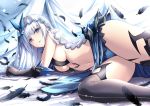  1girl black_legwear blue_eyes blue_panties breasts date_a_live eyebrows_visible_through_hair feathers fish.boy gauntlets long_hair lying navel on_side panties revealing_clothes sideboob solo thigh-highs tobiichi_origami underwear veil white_hair 