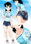  1girl ass bandaid black_hair breasts closed_mouth commentary_request doraemon highres kakkii looking_at_viewer medium_hair minamoto_shizuka no_socks open_mouth short_shorts shorts simple_background smile solo tan twintails 