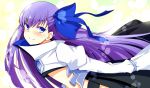  1girl blue_eyes blush breasts chata_maru_(irori_sabou) eyebrows_visible_through_hair fate/extra fate/extra_ccc fate/grand_order fate_(series) hair_ribbon jacket long_hair looking_at_viewer meltryllis purple_hair ribbon skirt sleeves_past_wrists small_breasts smile solo sweater very_long_hair 