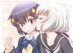 2girls black_dress black_hair blazer blue_jacket cheek_kiss closed_eyes commentary_request dress face-to-face jacket kiss konno_junko long_hair low_twintails mizuno_ai multiple_girls open_mouth red_eyes school_uniform shirt short_hair silver_hair studiozombie surprised sweater twintails upper_body white_shirt yellow_sweater yuri zombie_land_saga 