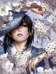  1girl arm_up bangs black_eyes black_hair blurry blurry_background blurry_foreground cherry_blossoms close-up day face highres japanese_clothes kimono liang_xing lips looking_up mole mole_under_eye original parted_lips short_hair solo 