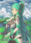  1girl armor bangs breasts clouds cloudy_sky day earrings gloves green_eyes green_hair jewelry landscape large_breasts long_hair looking_at_viewer marfrey outdoors pneuma_(xenoblade) ponytail sky smile solo spoilers swept_bangs tiara very_long_hair xenoblade_(series) xenoblade_2 