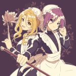  2girls :d absurdres alternate_costume apron black_dress blonde_hair brown_eyes christina_morgan dress duster enmaided fingernails floral_background frilled_apron frills hat head_tilt highres holding holding_duster ichiren_namiro juliet_sleeves long_hair long_sleeves maid mob_cap multiple_girls open_mouth princess_connect! princess_connect!_re:dive puffy_sleeves purple_background purple_hair shirogane_jun sidelocks smile violet_eyes white_apron white_headwear 