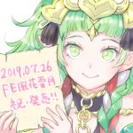  10s 1girl 2019 braid closed_mouth dragon_girl elf fire_emblem fire_emblem:_three_houses fire_emblem:_three_houses green_eyes green_hair hair_ornament intelligent_systems koei_tecmo long_hair nintendo pointy_ears qumaoto simple_background smile solo sothis summer tiara twin_braids white_background 