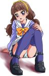  1girl amanogawa_kirara bangs black_footwear blue_panties blunt_bangs brown_hair commentary_request eyebrows_visible_through_hair fingernails full_body go!_princess_precure hairband layered_skirt long_hair looking_at_viewer low_twintails mitamura-kun_(landcell) noble_academy_school_uniform open_mouth panties pantyshot pantyshot_(sitting) pleated_skirt precure purple_legwear school_uniform serafuku sitting skirt solo thigh-highs twintails underwear violet_eyes yellow_hairband 