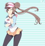  1girl ;) artist_name black_legwear blue_background blue_eyes bow brown_hair contrapposto cowboy_shot double_bun hand_on_own_cheek heart highres index_finger_raised legwear_under_shorts long_hair mei_(pokemon) one_eye_closed pantyhose pink_bow pokemon pokemon_(game) pokemon_bw2 r3dfive raglan_sleeves shirt short_shorts shorts smile striped striped_background twintails very_long_hair visor_cap watch watch wind yellow_shorts 