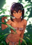  1girl :o ahoge bandeau bare_arms bare_shoulders black_hair blurry breasts brown_eyes collarbone cowboy_shot dark_skin depth_of_field hair_between_eyes hair_ornament hand_up highres konbu_wakame leaf looking_at_viewer nature navel original parted_lips pelvic_curtain plant short_hair signature small_breasts solo standing stomach strapless x_hair_ornament 