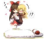  ! !? 2girls :d ? ascot bangs bare_shoulders barefoot beamed_eighth_notes black_jacket blanket blonde_hair blush bow braid brown_eyes brown_hair carrying chibi commentary_request dress eighth_note eyebrows_visible_through_hair frilled_bow frills full_body futon hair_between_eyes hair_bow hakurei_reimu heart jacket kirisame_marisa long_hair multiple_girls musical_note no_hat no_headwear nose_blush o3o open_mouth petticoat pillow piyokichi princess_carry red_bow red_dress sailor_collar simple_background single_braid smile spoken_exclamation_mark spoken_question_mark touhou v-shaped_eyebrows very_long_hair walking white_background white_dress white_sailor_collar wide_oval_eyes yellow_neckwear yuri 