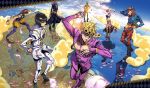  1girl 6+boys animal aora black_hair blonde_hair boots braid bruno_buccellati clouds coco_jumbo giorno_giovanna guido_mista gun handgun hat highres holding holding_animal jojo_no_kimyou_na_bouken leone_abbacchio midriff multiple_boys narancia_ghirga pannacotta_fugo petals pink_hair pose revolver signature sleeveless sun trish_una turtle vento_aureo weapon zipper zipper_pull_tab 