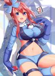  1girl :d blue_eyes blue_gloves blue_legwear blue_shirt blue_shorts blush breasts crop_top fuuro_(pokemon) gloves hair_ornament highres large_breasts long_hair long_sleeves looking_at_viewer midriff mokufuu motion_lines musical_note navel object_on_breast open_mouth poke_ball poke_ball_(generic) pokemon pokemon_(game) pokemon_bw pokemon_trainer redhead shirt short_shorts shorts sidelocks signature smile socks solo spoken_musical_note thighs 