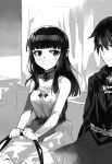  1boy 1girl :d bangs black_hair blunt_bangs carriage closed_mouth collarbone death_march_kara_hajimaru_isekai_kyousoukyoku dress greyscale highres holding long_hair lulu_(death_march) medium_dress monochrome neck_ribbon novel_illustration official_art open_mouth ribbon shiny shiny_hair shri sitting sleeveless sleeveless_dress smile solo_focus sundress suzuki_ichirou_(death_march) 