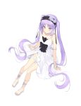  1girl absurdres arm_support armlet bangs black_bow black_hairband bow bracelet closed_mouth doggo34476335 dress euryale fate/hollow_ataraxia fate_(series) flower from_above full_body hair_flower hair_ornament hairband highres jewelry long_hair purple_hair rose shiny shiny_hair short_dress side_slit simple_background sitting sleeveless sleeveless_dress smile solo thighlet twintails very_long_hair violet_eyes white_background white_dress white_flower white_rose 