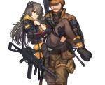  1boy 1girl android ar-15 baek_hyang bag beard brown_hair carrying commentary duffel_bag faceless faceless_male facial_hair folding_stock girls_frontline gloves gun h&amp;k_ump hat knee_pads long_hair magazine_(weapon) mechanical_arm military military_operator military_uniform pantyhose princess_carry reflex_sight rifle scar single_knee_pad skirt sling_(weapon) smile submachine_gun suppressor ump45_(girls_frontline) uniform weapon yellow_eyes 