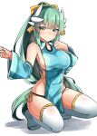  1girl absurdres adapted_costume bare_shoulders black_panties blue_dress blue_sleeves blush bow breasts closed_mouth detached_sleeves dragon_horns dress fate/grand_order fate_(series) green_hair hair_bow hands_up high_ponytail highres horns kiyohime_(fate/grand_order) large_breasts long_hair long_sleeves moyoron panties ponytail shadow side-tie_panties sidelocks simple_background sleeveless sleeveless_dress smile solo squatting thigh-highs underwear very_long_hair white_background white_legwear wide_sleeves yellow_bow yellow_eyes 