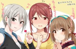  3girls ?? bangs bare_shoulders blush brown_eyes brown_hair character_request collarbone dot_nose eyebrows_visible_through_hair flying_sweatdrops frills grey_eyes grey_hair hair_between_eyes hand_up hands_up holding holding_lollipop idolmaster idolmaster_cinderella_girls long_hair looking_at_viewer multiple_girls nose_blush open_mouth own_hands_together red_eyes redhead shiny shiny_hair short_hair tarachine translation_request upper_body very_short_hair wavy_mouth 