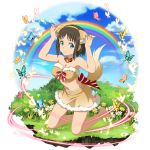  1girl :t animal_ear_fluff animal_ears barefoot bell bell_collar blue_eyes brown_hair brown_hairband brown_skirt bug butterfly closed_mouth collar day fake_animal_ears faux_figurine full_body fur-trimmed_skirt hairband highres insect kneeling midriff miniskirt navel official_art outdoors rainbow red_ribbon ribbon ronye_arabel short_hair skirt solo stomach sword_art_online tail transparent_background wolf_ears wolf_tail 