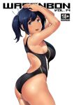  1girl alternate_costume arms_up ass back bangs bare_shoulders black_swimsuit blue_eyes blue_hair blush breasts commentary_request competition_swimsuit cover cover_page cowboy_shot doujin_cover eyebrows_visible_through_hair from_side hair_between_eyes highleg highleg_swimsuit highres kantai_collection large_breasts looking_at_viewer one-piece_swimsuit open_mouth ribbon short_hair sideboob simple_background skindentation smile solo souryuu_(kantai_collection) standing swimsuit twintails wa_(genryusui) white_background white_ribbon 