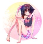  1girl absurdres arm_support arm_up bare_arms bare_legs barefoot black_hair crop_top eye_mask floral_print full_body gradient_hair grey_eyes highres iesupa knees_together_feet_apart knees_up looking_at_viewer mask mask_on_head midriff multicolored_hair redhead rose_print ruby_rose rwby short_hair shorts sitting sleepwear solo tank_top two-tone_hair 