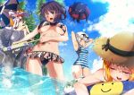  4girls absurdres alternate_costume animal_ear_fluff animal_ears armpits bangs beach_umbrella bikini blonde_hair blue_bikini blue_sky breasts casual_one-piece_swimsuit closed_eyes day ears_through_headwear facial_scar fate/grand_order fate_(series) floral_print fox_ears fox_girl fox_tail green_eyes hair_bun hat highres huge_filesize innertube jack_the_ripper_(fate/apocrypha) katsushika_hokusai_(fate/grand_order) kawaruhi multiple_girls ocean octopus one-piece_swimsuit one_eye_closed outdoors parted_bangs paul_bunyan_(fate/grand_order) pink_hair purple_bikini purple_hair scar scar_across_eye scar_on_cheek side-tie_bikini sitting sky small_breasts striped striped_swimsuit sun_hat swimsuit tail tamamo_(fate)_(all) tamamo_no_mae_(swimsuit_lancer)_(fate) tokitarou_(fate/grand_order) umbrella violet_eyes wading wet white_hair yellow_eyes 