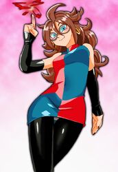  1girl android android_21 black-framed_eyewear black_legwear blue_eyes breasts brown_hair checkered checkered_dress closed_mouth commentary_request curly_hair detached_sleeves dragon_ball dragon_ball_fighterz dress earrings glasses graphite_(medium) hoop_earrings jewelry long_hair looking_at_viewer millipen_(medium) nail_polish onnaski pantyhose sleeveless sleeveless_dress smile solo traditional_media 