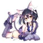  1girl animal_ears ass bangs bare_shoulders bell black_hair black_panties blue_ribbon blush breasts cat_ears cat_tail detached_collar elbow_gloves fate/kaleid_liner_prisma_illya fate_(series) feathers feet_up fur_trim gloves grey_gloves grey_legwear grey_vest hair_between_eyes hair_feathers hair_ornament hairclip highres jingle_bell long_hair looking_at_viewer lying miyu_edelfelt on_stomach open_mouth panties paw_gloves paw_shoes paws ribbon shoes simple_background small_breasts solo tail thigh-highs thighs twintails underwear vest white_background yellow_eyes youta 