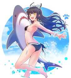  1girl absurdres ass bare_shoulders bikini black_bikini black_hair blake_belladonna boots fang fangs hair_ribbon highres iesupa long_hair midriff ribbon rwby scar scrunchie shark solo stuffed_animal stuffed_shark stuffed_toy swimsuit toy water yellow_eyes 