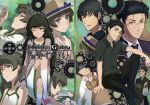  1boy 2girls alternate_costume bag black_footwear black_hair black_neckwear black_pants black_shirt blazer blush breasts brown_hair brown_headwear brown_jacket cardigan collar_grab collared_shirt copyright_name cover cover_page crossed_legs doujin_cover gears glasses green_eyes green_hair hair_slicked_back hat hat_ribbon highres hiyajou_maho jacket long_hair long_sleeves looking_at_viewer makise_kurisu menomorute multiple_girls multiple_views necktie off_shoulder okabe_rintarou one_eye_closed pants plastic_bag red_footwear ribbon saliva sandals shaded_face shirt shoes short_hair short_sleeves skirt small_breasts steins;gate steins;gate_0 straight_hair tank_top white_shirt yellow_eyes 