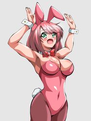  1girl animal_ears armpits arms_up bow bowtie breasts brown_legwear bunny_tail bunnysuit commentary_request covered_navel cowboy_shot detached_collar green_eyes grey_background highres inaba_(tensai21) large_breasts leotard looking_up open_mouth original pantyhose pink_hair pink_leotard pink_neckwear rabbit_ears short_hair simple_background smile solo strapless strapless_leotard tail wrist_cuffs 