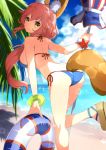  1girl animal_ear_fluff animal_ears ass bangs beach_umbrella bikini blue_bikini blue_sky blurry blurry_background blush breasts brown_footwear closed_mouth clouds cloudy_sky commentary_request day depth_of_field eyebrows_visible_through_hair fate/grand_order fate_(series) fox_ears fox_girl fox_tail hair_between_eyes holding holding_umbrella horizon innertube large_breasts leaning_forward long_hair looking_at_viewer looking_back ocean outdoors pink_hair platform_footwear rin2008 sandals side-tie_bikini sky smile solo standing standing_on_one_leg swimsuit tail tamamo_(fate)_(all) tamamo_no_mae_(swimsuit_lancer)_(fate) umbrella very_long_hair yellow_eyes 