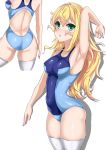  1girl absurdres arm_up armpits ass back back_cutout bangs blonde_hair blue_swimsuit blush breasts butt_crack collarbone contrapposto covered_navel covered_nipples cowboy_shot crotch_seam eyebrows_visible_through_hair from_behind green_eyes hair_between_eyes highres lfafa long_hair looking_at_viewer medium_breasts mole mole_under_eye multiple_views one-piece_swimsuit original parted_lips pink_nails shiny shiny_clothes shiny_skin sidelocks simple_background skindentation solo standing swimsuit thigh-highs two-tone_swimsuit white_legwear 