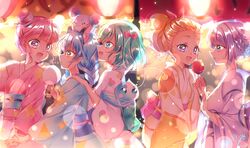  5girls absurdres amamiya_erena animal_ears candy_apple cat_ears commentary_request cotton_candy food fuwa_(precure) hagoromo_lala highres hoshina_hikaru japanese_clothes kaguya_madoka kimono lantern multiple_girls paper_lantern precure prunce_(precure) star_twinkle_precure summer_festival touki_matsuri yukata yuni_(precure) 