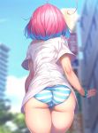  1girl ahoge ass bangle blue_hair blue_sky blurry blurry_background bracelet city clouds cowboy_shot day from_behind hair_intakes highres idolmaster idolmaster_cinderella_girls jewelry multicolored_hair off-shoulder_shirt off_shoulder outdoors panties pink_hair rukitsura shiny shiny_skin shirt short_hair short_sleeves sky solo striped striped_panties t-shirt two-tone_hair underwear walking white_shirt yumemi_riamu 