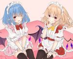  2girls ;d alternate_costume apron bangs black_legwear blonde_hair blue_hair blush bow bowtie center_frills commentary_request cowboy_shot crystal enmaided eyebrows_visible_through_hair fang flandre_scarlet frilled_apron frills hair_between_eyes hand_up looking_at_viewer maid maid_apron maid_headdress miniskirt multiple_girls one_eye_closed one_side_up open_mouth own_hands_together petticoat pink_background pink_skirt pointy_ears puffy_short_sleeves puffy_sleeves red_bow red_eyes red_neckwear red_skirt remilia_scarlet shirt short_hair short_sleeves siblings simple_background sisters sitting skin_fang skirt smile thigh-highs thighs tosakaoil touhou v v_arms waist_apron white_apron white_shirt wrist_cuffs yellow_bow yellow_neckwear 
