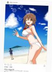  1boy 1girl beach bikini blue_sky braid breasts brown_hair chameleon_(ryokucha_combo) clouds commentary_request day dutch_angle hair_over_shoulder hair_ribbon horizon idolmaster idolmaster_cinderella_girls instagram island large_breasts lens_flare looking_at_viewer orange_eyes outdoors photo_(object) producer_(idolmaster) ribbon senkawa_chihiro side-tie_bikini sky smile solo_focus standing swimsuit waving white_bikini 