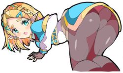  1girl aqua_eyes ass bent_over black_gloves blonde_hair blush braid crown_braid enpe fingerless_gloves furrowed_eyebrows gloves hair_ornament hairclip highres long_sleeves open_mouth pointy_ears princess_zelda short_hair simple_background solo the_legend_of_zelda the_legend_of_zelda:_breath_of_the_wild the_legend_of_zelda:_breath_of_the_wild_2 thick_eyebrows white_background 