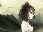  1girl bangs black_hair black_wings breasts fan8059 feathered_wings feathers from_side hat outdoors profile red_eyes shameimaru_aya shirt short_hair small_breasts solo tassel tokin_hat touhou upper_body white_shirt wings 