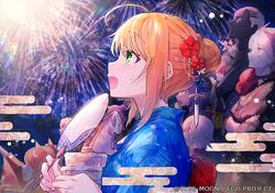  3boys 6+girls :d aerial_fireworks ahoge animal_ear_fluff animal_ears artoria_pendragon_(all) bag bangs bikini black_kimono blonde_hair blue_flower blue_kimono braid brown_hair character_request commentary_request dark_skin dark_skinned_male egasumi emiya_alter eyebrows_visible_through_hair fan fate/apocrypha fate/grand_order fate_(series) fireworks flower fox_ears fuuma_kotarou_(fate/grand_order) green_eyes hair_between_eyes hair_bun hair_flower hair_ornament holding holding_fan jack_the_ripper_(fate/apocrypha) japanese_clothes karna_(fate) kimono mika_pikazo multicolored_hair multiple_boys multiple_girls night night_sky official_art open_mouth outdoors outstretched_arm paper_bag paper_fan pink_hair pointing profile purple_bikini red_flower saber scar scar_across_eye shirt short_sleeves sidelocks sky smile suzuka_gozen_(fate) swimsuit two-tone_hair uchiwa watermark white_hair white_shirt 