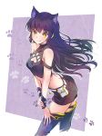  1girl absurdres animal_ears arm_ribbon bare_shoulders belt black_hair blake_belladonna boots cat_cutout cat_ears fang highres iesupa long_hair midriff off_shoulder ribbon rwby scar short_shorts shorts solo thigh-highs thigh_boots yellow_eyes 