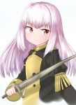  1girl blush epaulettes fire_emblem fire_emblem:_three_houses lillian8710 long_hair lysithea_von_cordelia pink_eyes solo sword uniform weapon white_background white_hair 