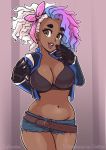  1girl bandanna belt_buckle brown_eyes caffeccino cleavage dark_skin denim_shorts dyed_hair gloves gradient_hair looking_at_viewer multicolored_hair navel parted_lips solo sports_bra thick_eyebrows white_hair 