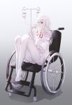  1girl absurdres bandages breasts closed_mouth dress english_commentary gown gradient gradient_background grey_background highres hongsung0819 intravenous_drip long_hair medium_breasts original pantyhose red_eyes red_ribbon ribbon wheelchair white_hair white_legwear 