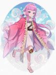  1boy :3 abandon_ranka belt chatan_nakiri flower haori highres japanese_clothes male_focus otoko_no_ko pink_eyes pink_hair ponytail sandals seashell shell shorts sidelocks standing standing_on_one_leg tassel touken_ranbu 