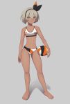  1girl abs absurdres bare_legs barefoot bikini_bottom breasts contrapposto expressionless eyebrows_visible_through_hair full_body grey_background grey_eyes grey_hair hair_between_eyes hairband highres lips looking_at_viewer multicolored_bikini muscle navel pokemon pokemon_(game) pokemon_swsh putchers saitou_(pokemon) shadow short_hair simple_background small_breasts solo sports_bra standing thick_eyebrows volleyball 