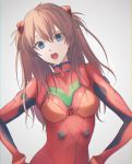  1girl bangs blue_eyes bodysuit bracer breasts brown_hair commentary eyebrows_visible_through_hair eyes_visible_through_hair facing_viewer gloves grey_background hair_between_eyes hair_ornament hairpin highres long_hair looking_at_viewer neon_genesis_evangelion open_mouth pilot_suit plugsuit red_bodysuit simple_background small_breasts soji_777 solo souryuu_asuka_langley standing talking turtleneck upper_body 